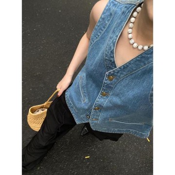 韓版洋氣時尚休閑外搭坎肩背心女復古百搭時髦疊穿牛仔馬甲外套