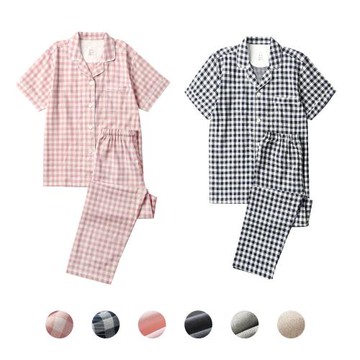 短袖睡衣女夏雙層紗織棉無側縫無印日式良品情侶家居服男女款套裝