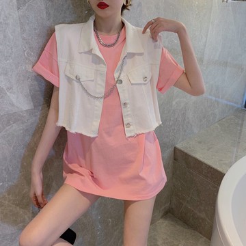 夏季新款寬松中長款短袖T恤+牛仔馬甲背心可甜可鹽兩件套女