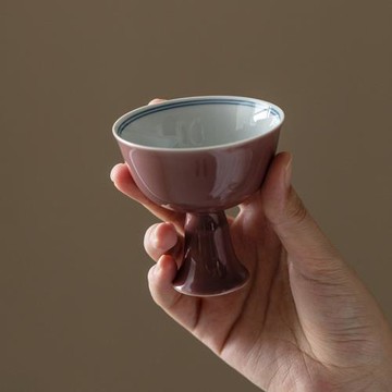 中式復古風豇豆紅內繪青花雙線陶瓷高腳杯主人杯 可作小號點心碟