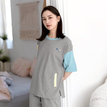 MIT有機棉童趣拼接磨毛居家服-灰藍