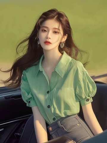 韓系女裝 氣質穿搭 法式 輕熟風 薄荷曼波風綠色短袖襯衫女 設計感 小眾別緻 獨特絕美上衣