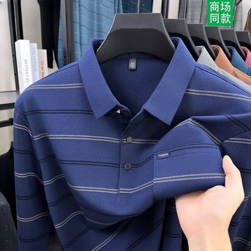 秋冬款POLO衫 長袖polo衫 工作服 速乾吸濕排汗 爆款專櫃男士條紋長袖t恤秋季爸爸裝帶領polo衫寬鬆真口袋上衣