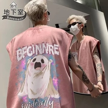 地下室B1-背心 夏季百搭Q版卡通印花上衣 麂皮絨字母背心 籃球衣 無袖 男生衣服 男裝【NL624507】