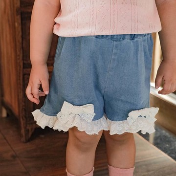 TONGMO - 純棉蕾絲花邊牛仔短褲-蝴蝶結-藍色