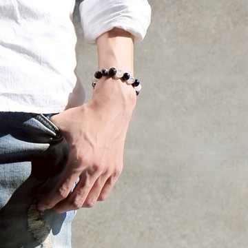 墨色::天然石-黑髮晶/火山岩/白水晶/藍金砂/手鍊禮物客製設計