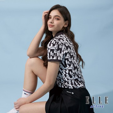【ELLE ACTIVE】 女款 滿版印花微彈性短袖POLO衫-黑色 (EA24M2W1104-99)