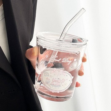 玻璃水杯 吸管玻璃杯 高顏值杯子 果汁杯 吸管杯 家用喝水杯 夏日冷飲杯 ins玻璃杯 可愛玻璃杯 少女心玻璃杯