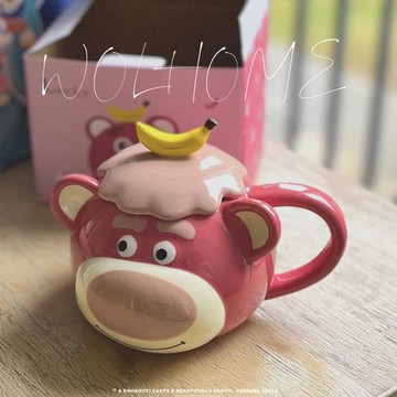 WOL HOME手繪草莓熊馬克杯帶蓋杯子可愛陶瓷早餐杯辦公室水杯子