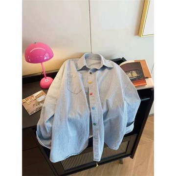 藍色條紋長袖襯衫女春季上衣2025新款寬松設計感復古撞色外套襯衣