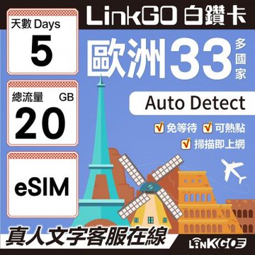 LINKGO白鑽卡 歐洲33國 eSIM卡 5天上網卡 總流量20GB(歐洲網卡 西班牙 德國 奧地利 英國)