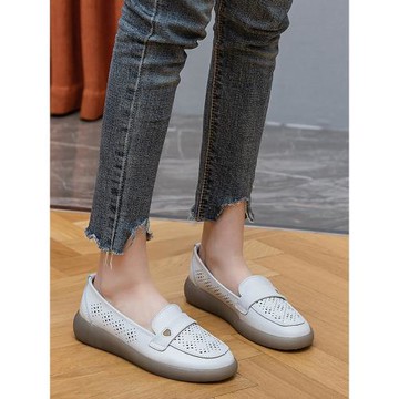 真皮媽媽鞋2025夏秋款軟底不累腳護士鞋鏤空平底圓頭單鞋女休閑鞋