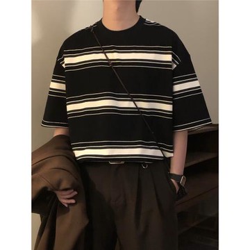 NAGAWL夏季美式復古學院風拼色條紋寬松休閑圓領短袖T恤上衣男女