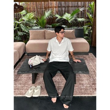 OXFREAK「靜奢風 亨利領」老錢V領短袖t恤男寬松高級感休閑半截袖