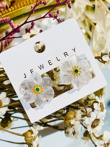 高雅立體大花瓣雕刻花藝粉晶純銀鍍金單針耳環人緣桃花異性緣