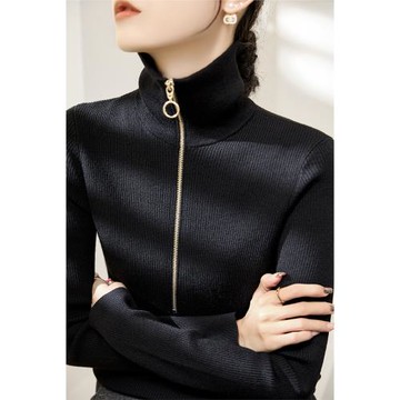 黑色翻領半拉鏈設計長袖針織衫女修身高級感高領毛衣春季新款上衣