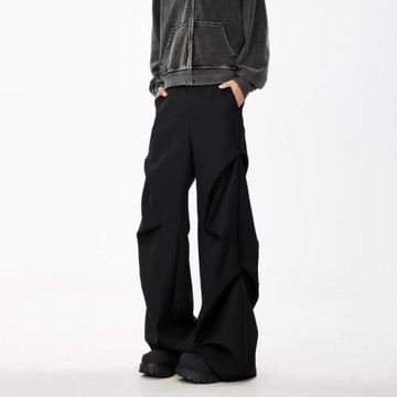 美式小眾褶皺傘兵褲男女寬松休閑微喇褲高級感直筒垂感黑色西褲潮