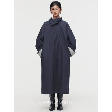 LINGYILI 秋冬系列 深藍灰色極簡風斜門襟休閑風衣