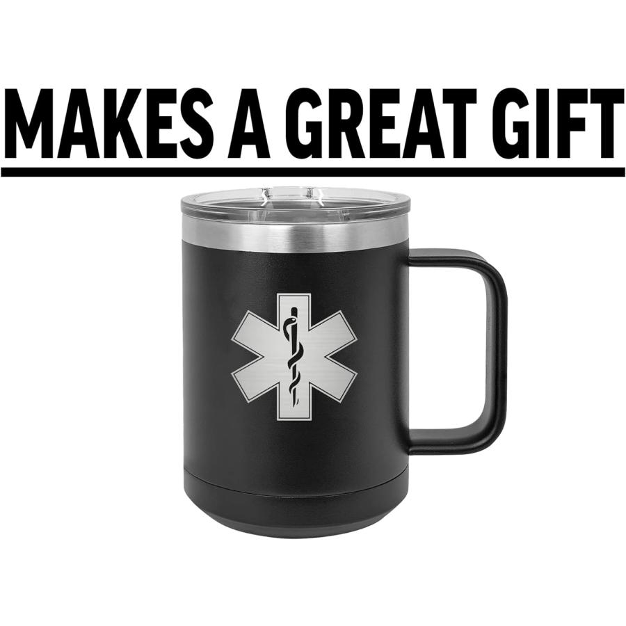 Rogue River Tactical Black EMT Star of Life Logo Stainless Steel Coffee Mug Tumbler With Lid Novelty Cup Great Gift Idea For EMT EMS or Paramedic