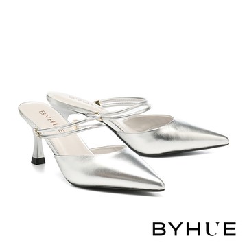 穆勒鞋 BYHUE 簡約優雅兩穿雙條帶羊皮軟芯高跟穆勒拖鞋－銀
