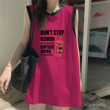 2025夏季中長款上衣 100%純棉無袖背心 寬鬆百搭上衣 圓領洋氣設計感中長款上衣 無袖棉衣女