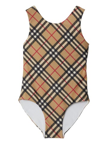 Burberry Kids - round-neck checked swimsuit - kids - Spandex/Elastane/Polyamide/Polyester/Spandex/Elastane - 10 - Neutrals