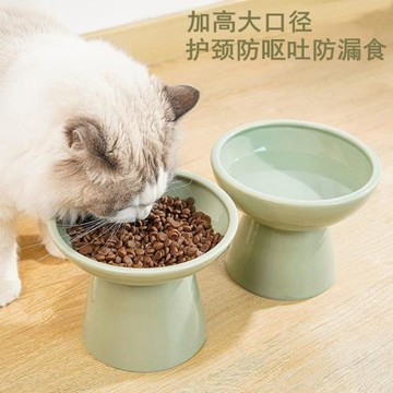 網紅高腳大口徑陶瓷貓碗護頸貓食盆防黑下巴貓咪喝水碗平口貓