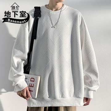 地下室B1-長袖T恤 美式潮流華夫格圓領長袖上衣 寬鬆 男生衣服 男裝 衛衣【NL663151】