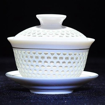 陶瓷三才蓋碗品茗茶杯功夫茶具套裝大號青花瓷泡茶碗青花白瓷家用