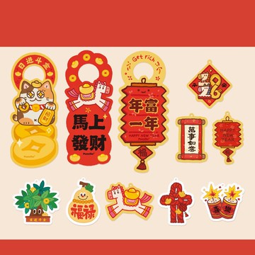 馬年新春喜慶裝飾掛派 可愛春節掛飾 新年福祿掛牌招財貓門把手掛