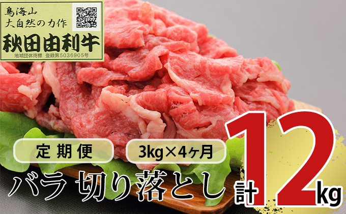 《定期便》4ヶ月連続 秋田由利牛 バラ切り落とし 3kg（1kg×3パック）