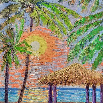 熱帶夕陽海灘油畫 棕櫚樹原創厚塗牆面藝術