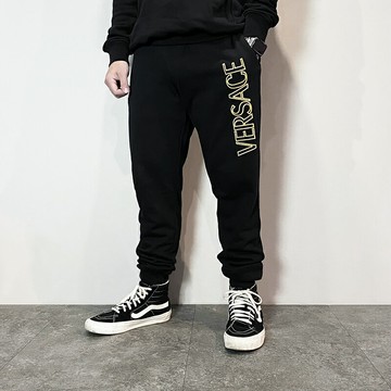 美國百分百【全新真品】Versace Jeans 凡賽斯 長褲 棉質 毛巾布 運動褲 VJ 長棉褲 logo 黑色 DB97