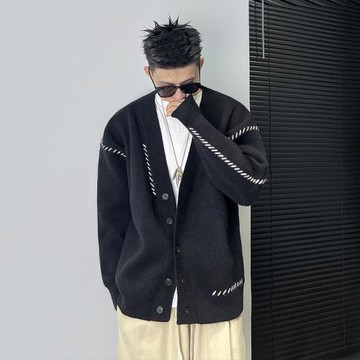 杠叔開衫毛衣男春秋季v領韓版潮流休閑寬松針織衫外套時尚輕熟