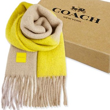 COACH 方標LOGO雙色羊駝毛流蘇圍巾禮盒(灰棕/芥末黃)