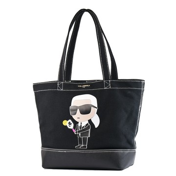KARL LAGERFELD 匹克球老佛爺磁釦棉布拚皮革托特包-黑色