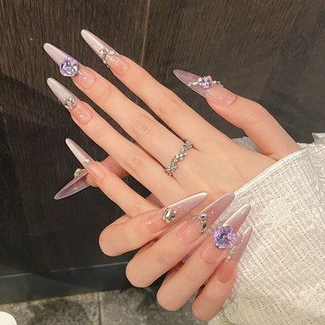 💗台灣出貨💗【雲紗黎霧】4.0細狗手工穿戴甲輕奢感漸變紫色斜邊貓眼碎鑽美甲店長精選