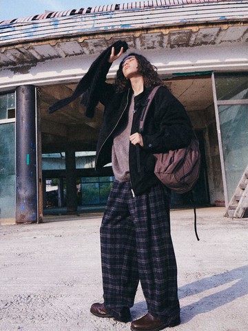 Checkered Banding Wool Blend Pants [Navy] (MS5X21A01R)