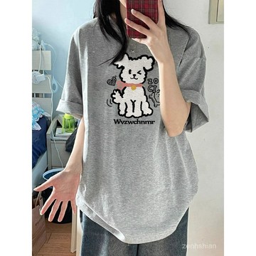 🔥100%純棉 鈴鐺小狗 M-6XL 大尺碼女裝 短袖上衣女 純棉t恤 短袖t桖 印花上衣 休閒女裝 顯瘦遮肉