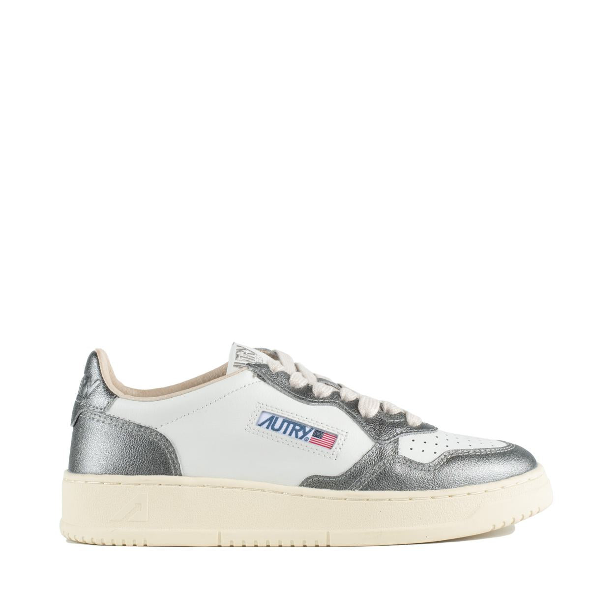 Autry Medalist Low Two-Tone White Leather And Steel Metallic Sneakers