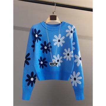 復古時尚刺繡花朵針織衫女秋冬氣質毛衣圓領打底套頭洋氣長袖上衣