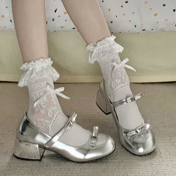 銀色法式圓頭淺口粗跟單鞋女2024新款夏季配裙子復古百搭瑪麗珍鞋