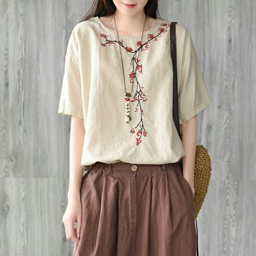 棉麻短袖T恤女2022夏季新款寬松復古文藝大碼民族風亞麻半袖上衣
