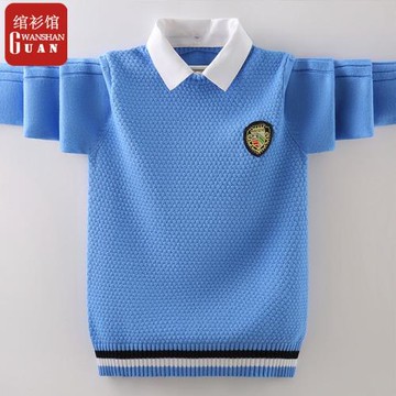 男童毛衣春秋襯衫領中大童兒童套頭針織衫男孩假兩件純棉保暖童裝