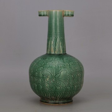宋 吉州窯綠釉刻花大肚貫耳瓶 仿古出土老貨舊貨瓷器古玩收藏擺件