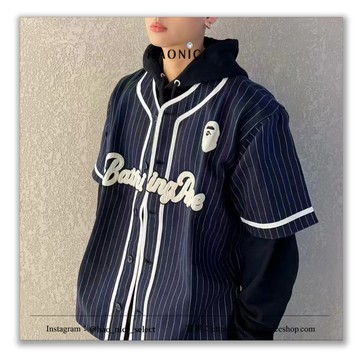 【HAO NICE】100%正品 BAPE A BATHING APE 潮流精品經典LOGO條紋棒球襯衫短袖 上衣