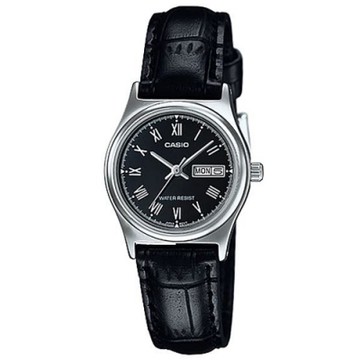 CASIO 簡約日期星期顯示指針皮帶腕錶-黑(LTP-V006L-1B)/25mm / 考試錶