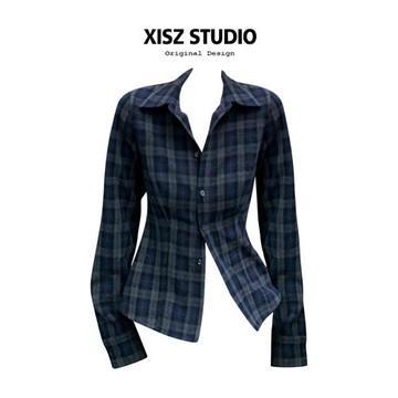 美式復古學院風內搭疊穿格子襯衫女秋冬收腰顯瘦Polo領長袖襯衣潮