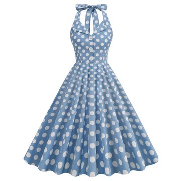 復古港風年代感氣質V領波點圓點掛脖露背修身中長連衣裙舞蹈表演