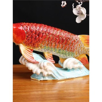 輕奢客廳擺件滿鉆金龍魚擺件招財擺件合金首飾盒琺瑯工藝裝飾品